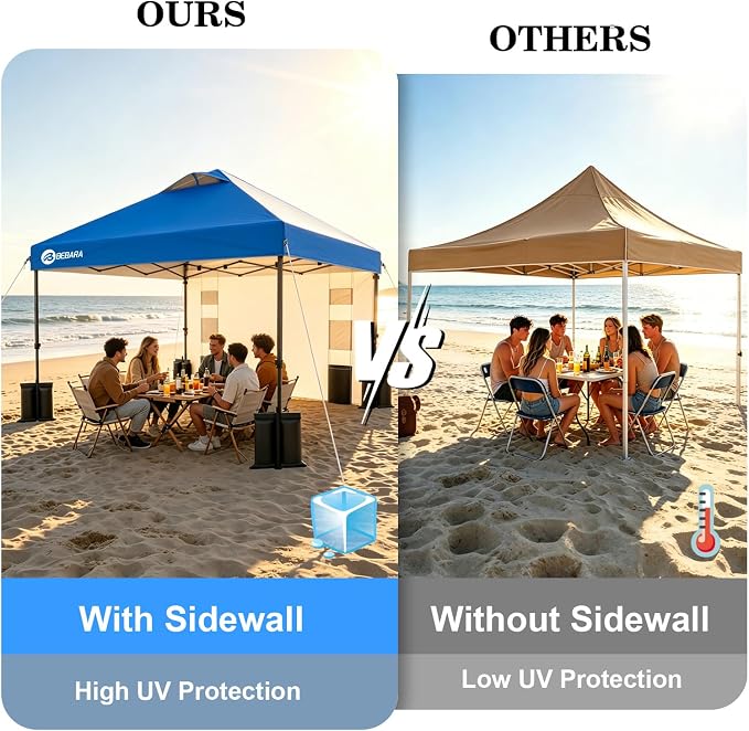 10x10 Pop Up Canopy with Sidewall, One-Person Setup - Sturdy Frame, UV & Water Resistant Canopy Tent w/Wheeled Carry Bag for Beach, Patio, Camping & Events,Blue