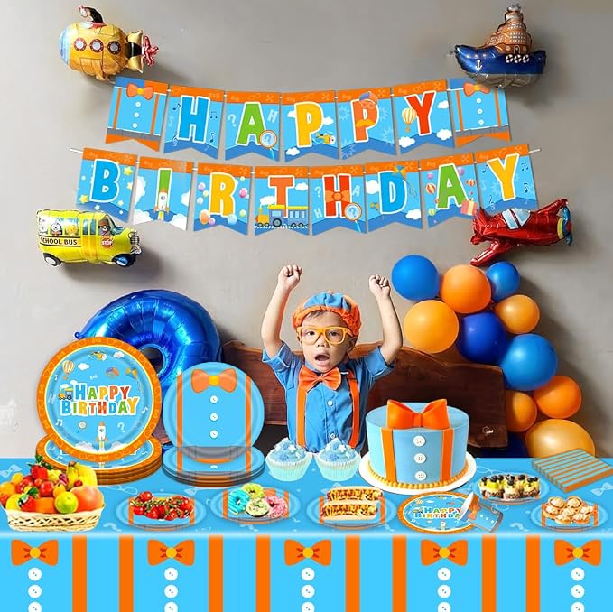 171PCS Kids Birthday Party Decorations Tableware Set - Blue & Orange Party Supplies for Boys & Girls - Includes Plates, Cups, Napkins, Cutlery, Tablecloth, Foil Fringe Curtains - Serves 24 Guests