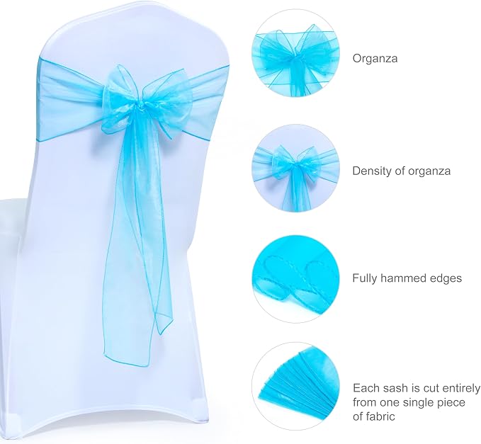 MDS® Pack of 250 Organza Chair Sashes for Wedding Decoration, Reusable Sheer Chair Bows for Banquet Chair Cover, Reception, Bridal Shower, Baby Shower, Birthday Party & Special Events - Turquoise