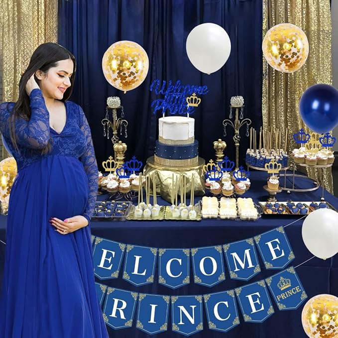 Royal Prince Baby Shower Decorations for Boy - Welcome Prince Banner Hanging swirls Navy Blue and Gold Glitter Cupcake Toppers Crown Foil Balloons Prince Baby Shower Birthday Party Supplies