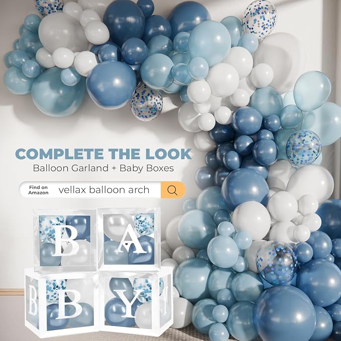 44-Piece Baby Shower Decorations for Boy or Girl - 4 Boxes with Letters and 32 Balloons - Dusty Blue and White (Boho Aesthetic) - Gender Reveal Party Supplies - Photo Shoot Backdrop
