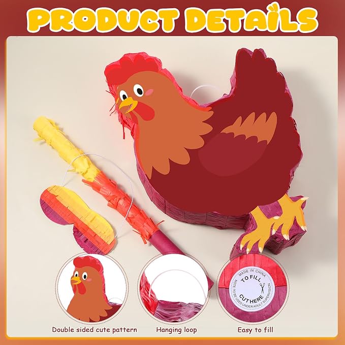 VioraWhite Chicken Birthday Decoration Chicken Piñata Farm Animal Piñata with Blindfold and Bat for Chick Birthday Party Baby Shower Party Decor Supplies Favors