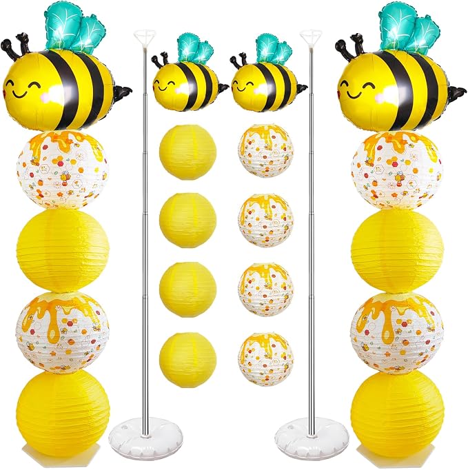 Bee Balloon Column Stand Kit And Paper Lantern 2 Sets 5.5 Feet with Reusable Metal Telescopic Design for Bee Parties, Birthday Decorations