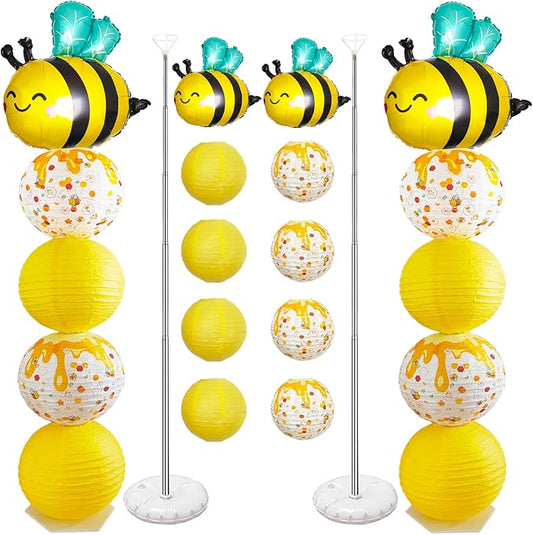 Bee Balloon Column Stand Kit And Paper Lantern 2 Sets 5.5 Feet with Reusable Metal Telescopic Design for Bee Parties, Birthday Decorations