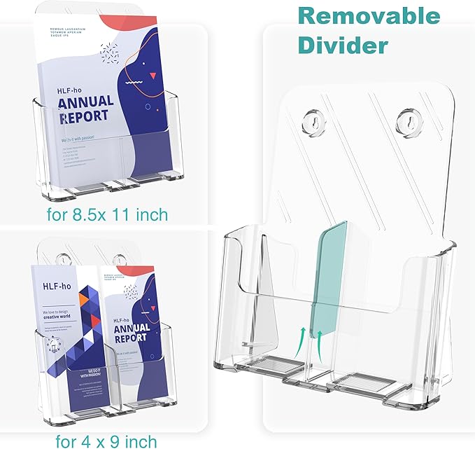 Brochure Holder 8.5x11 Inch Acrylic Literature Holders with Removable Divider for 4x9 inch Clear Pamphlet Display Stand Countertop Use or Wall Mount for Office, Lobby, Hotel, Trade Show, 4 Pack