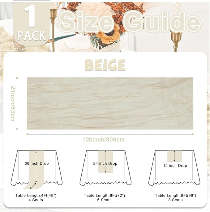 Beige Cheesecloth Table Runner 21x120 Inch Gauze Table Runners Reusable Polyester 10ft Boho Rustic Cheese Cloth Table Runner for Wedding Party Baby Shower Birthday