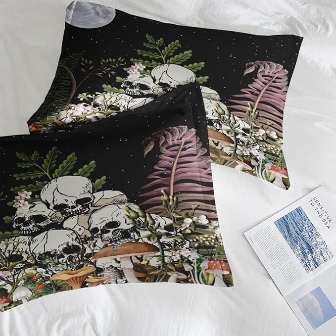Pamnest Comforter Set King Size, Mushroom Plant 7 Pcs Bedding for Kids and Adults, Skeleton Spooky Retro Bed Sheet Sets with Fitted Sheet 2 Pillowcases & 2 Shams for Bedroom Bed Decor