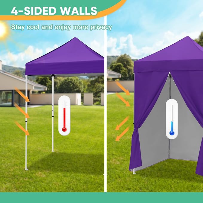 5x5 Pop Up Canopy Tent with Four Sidewalls, Instant Portable Beach Canopy, Outdoor Tent with Carry Bag for Camping, Sports, Tailgating, Events, Purple