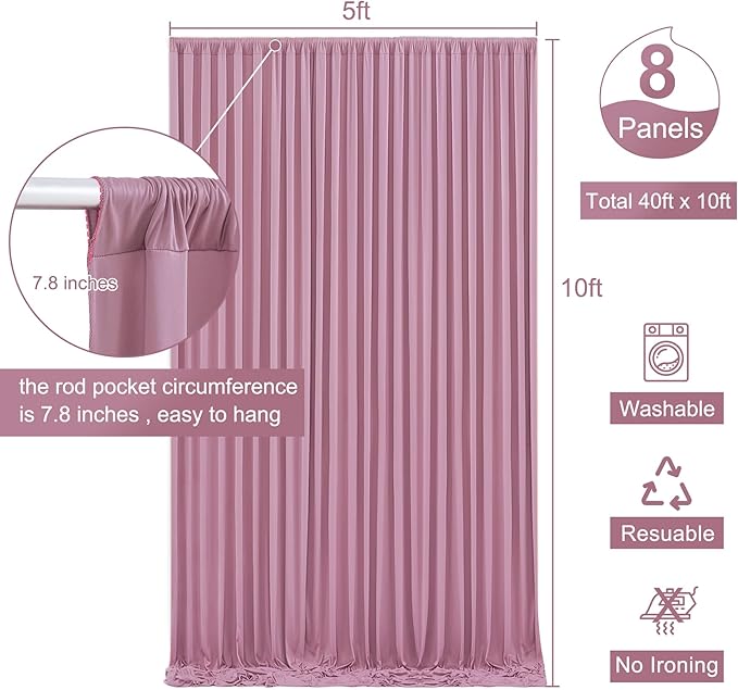 40ft x 10ft Dusty Pink Backdrop Curtain for Parties Rose Wrinkle Free Backdrop Drapes Panels for Baby Shower Birthday Party Wedding Photo Photography Polyester Fabric Background Decoration