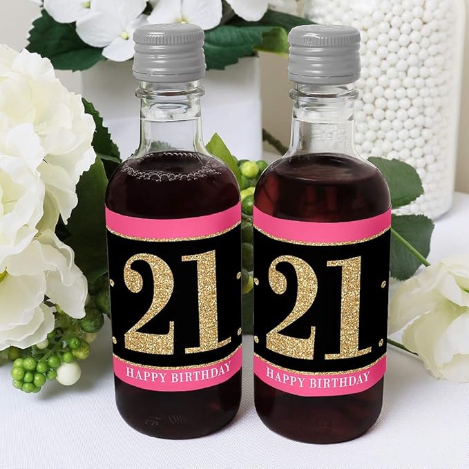 Big Dot of Happiness Finally 21 Girl - 21st Birthday - Mini Wine and Champagne Bottle Label Stickers - Birthday Party Favor Gift for Women and Men - Set of 16