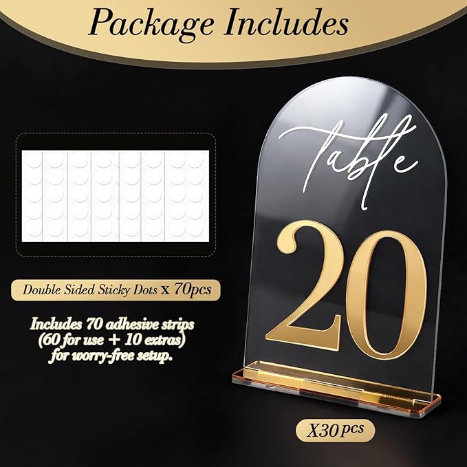 Crystal Clear Acrylic Wedding Table Numbers 1-30 Set, Self-Standing Modern Arched Signs for Reception Seating, Anniversary & Bridal Shower, Elegant Wedding Decor (5x7 Inches)