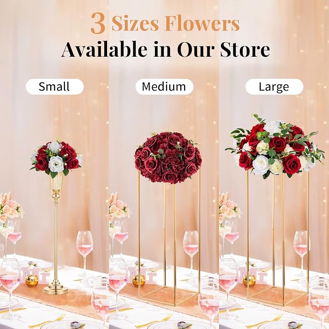 NUPTIO Artificial Flower Centrepieces for Tables - 10 Pcs Crimson & White Fake Flowers Roses Balls 9.5in Diameter - Silk Faux Rose Arrangement for Wedding Party Centerpiece Table Decorations | Crimson & White, Silk Floral Balls Arrangement, for Birthda...