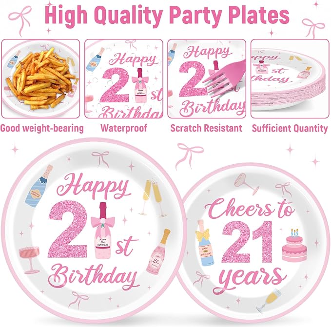 96PCS 21st Champagne Bottle Birthday Decorations Happy 21st Pink Champagne Tableware Set Cheers to 21 Years Paper Plates Napkins for Girls Martini Theme Twenty-One Party Supplies Serve 24 Guests