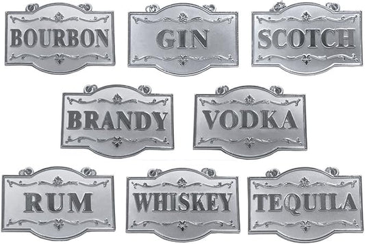 Deluxe Set of Liquor Tags for Bottles or Decanters, Silver Color, Set of 8 With Adjustable Chain Features (Bourbon, Brandy, Gin, Rum, Scotch, Tequila, Vodka, and Whiskey)