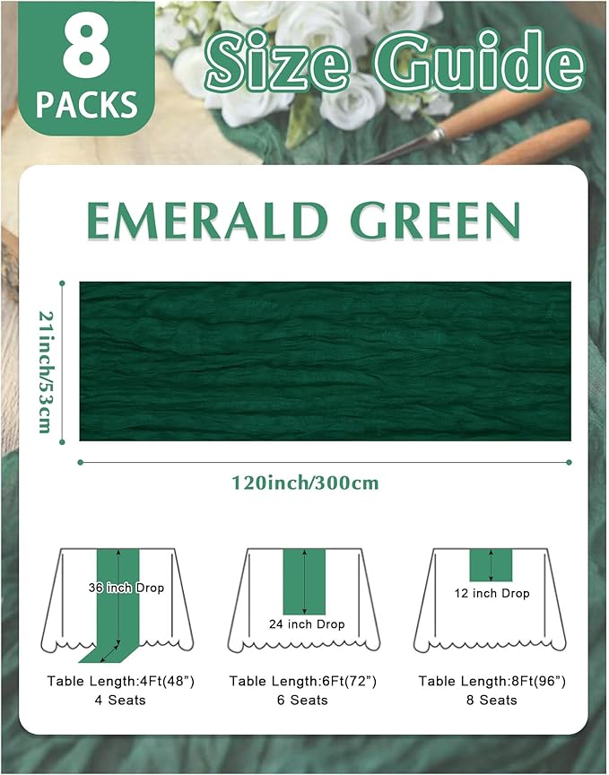 8 Pack Emerald Green Cheesecloth Table Runner 21x120 Inch Gauze Table Runners Reusable Polyester 10ft Boho Rustic Cheese Cloth Table Runner for Wedding Party Baby Shower