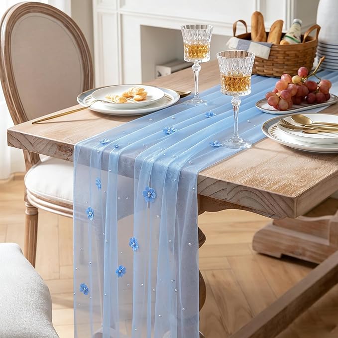 BINBE 4pcs Flower Pearl Table Runner Spring Summer Rustic Boho 10ft Tulle Table Runner for Baby Shower Wedding Veil Holiday Dessert Table Decor Blue