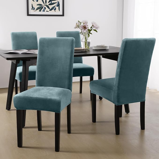 MOSAYT Velvet Stretch Chair Covers for Dining Room Set of 6 - Soft Slipcovers with Thick Removable Fabric for Parsons Chairs, Washable Seat Protectors for Kitchen, Banquet & Home Decor, Teal