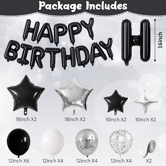 Black and Silver Birthday Decorations for White Black Silver Metallic Print Party Balloons Confetti Balloon Happy Birthday Banner 18/10 Inch Heart Balloons Star Balloon for Men Bday Party Supplies