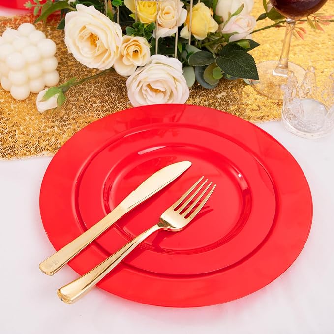FLOWERCAT 60PCS Red Plastic Plates - Heavy Duty Red Plates Disposable for Party - Include 30PCS 10.25inch and 30PCS 7.5inch for 30 guests Birthday Party & Events &4th of July