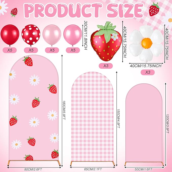 Foilswirl 34 Pieces Strawberry Birthday Party Decorations 4ft 5ft 6ft Arch Backdrop Covers Pink White Checkered Spandex Arch Backdrop Cover Daisies Balloon for Strawberry Sweet Birthday Wedding Party