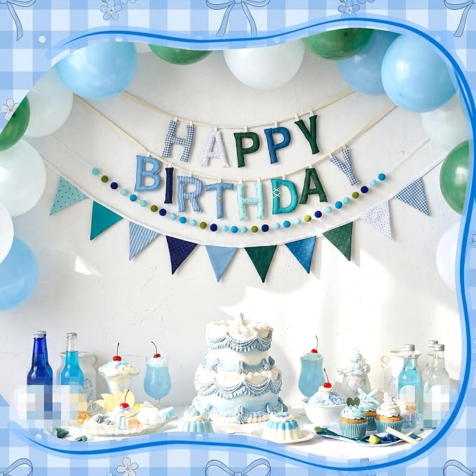 3 Pcs Pre-strung 3D Fabric Happy Birthday Banner Set - Reusable Teal Blue Happy Birthday Garland Pom Pom Banner Triangle Felt Bunting for Women Men Colorful Party Decor Photo Prop(Cute)