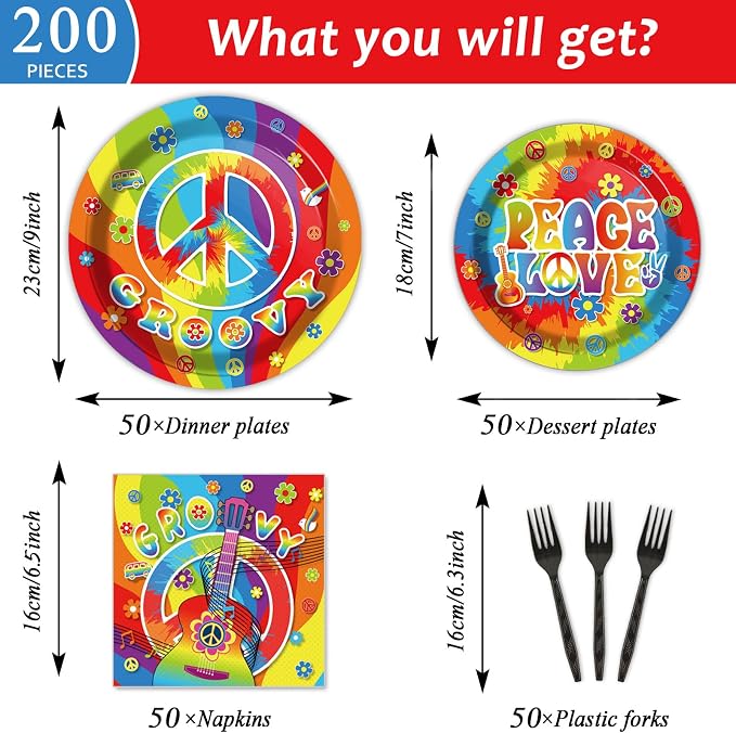 200pcs 60's Hippie Party Plates Napkins Groovy Paper Tableware Set Tie Dye Cake Dessert Disposable Dinnerware 60s 70s Hippie Party Decoration for Baby Shower Birthday Decor Supplies Serves 50