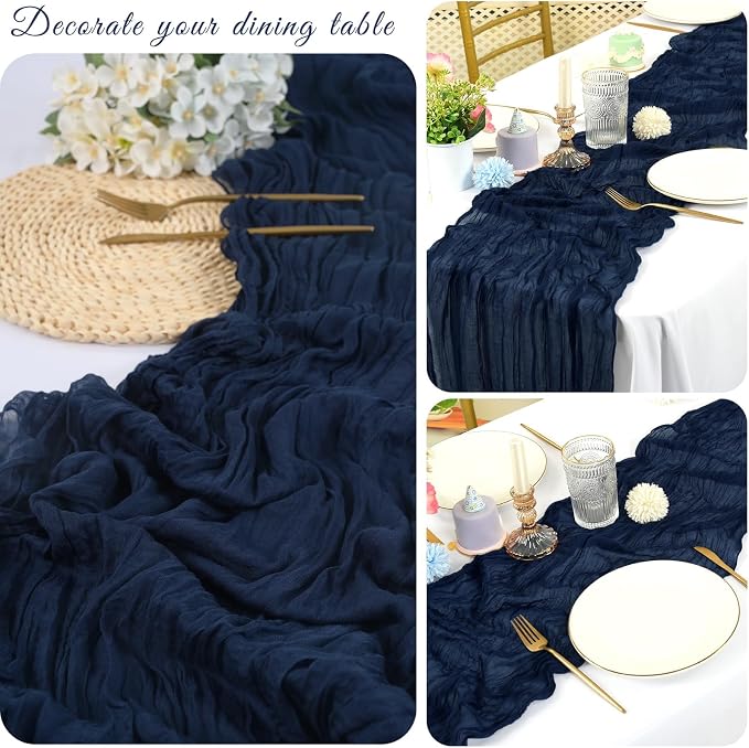 20 Pack Cheesecloth Table Runner 17 x 108 inch Long Boho Gauze Table Runners Semi Sheer Table Runner for Wedding Decor, Baby Shower, Birthday Party, Banquet (Navy Blue)