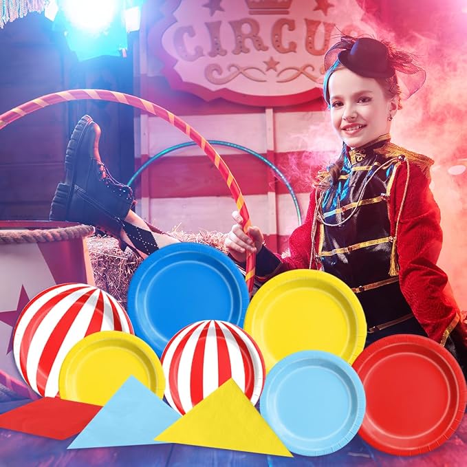 CMUSKO 60Pcs Carnival Plates and Napkins-Circus Theme Party Decorations Red Blue Yellow Tableware for Birthday, Baby Shower