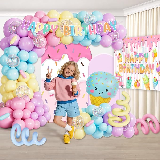 286pcs Ice Cream Birthday Party Decorations for Girl, Worry-free One-stop Set for 25 Guests, with No-DIY Banner Thick Plates and Ice Cream Balloon Arch, Easy Setup for Ice Cream Party
