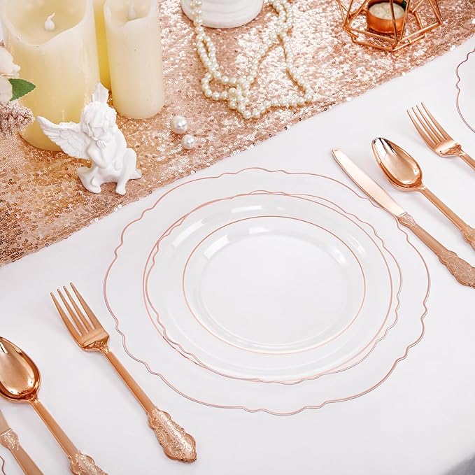 WDF 100pcs Rose Gold Plates Plastic Disposable - Baroque Clear and Rose Gold Plates for Mother's Day, Parties or Weddings including 50PCS Dinner Plates 10.25’’ and 50PCS Salad Plates 7.5’’
