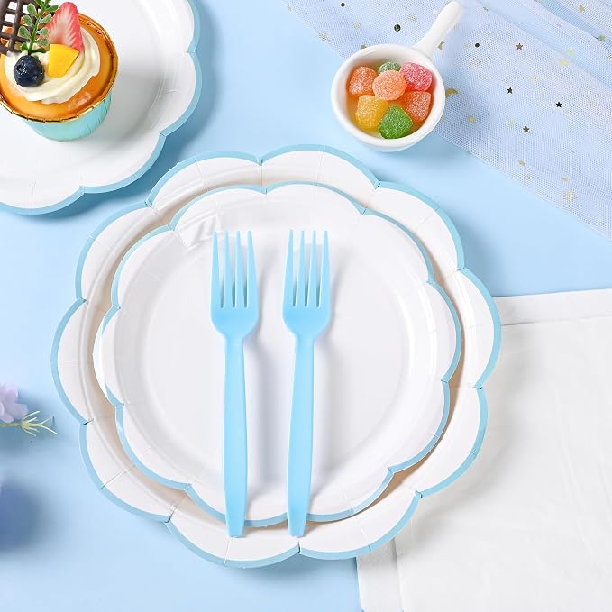 96 Pcs Paper Plates & Napkins Set, Light Blue & White, 24 Guest | White Dessert Plates with Baby Blue Scalloped Edge, Includes Napkins and Forks, For Baby Boy Shower, For Wedding
