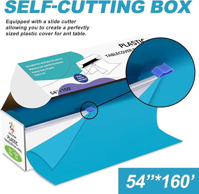 54IN X 160FT Plastic Table Cover Roll with Cutter Box, Cut to Size Plastic Table Cloths for Parties, Birthday, Disposable Tablecloth Roll for All Shape Tables (Turquoise, 54 Inch X 160 Feet)