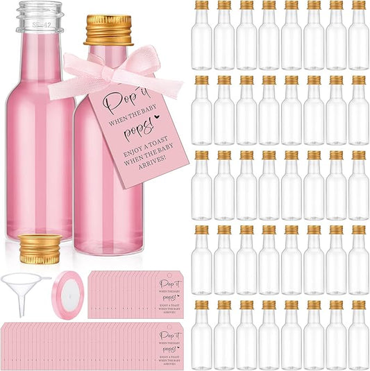 Roshtia 50 Pack Baby Shower Favors for Guests When She Pops, 1.7oz Empty Mini Liquor Bottles with Gold Screw Caps Funnels Tags Ribbon for Shots Baby Shower Return Gift(Pink)