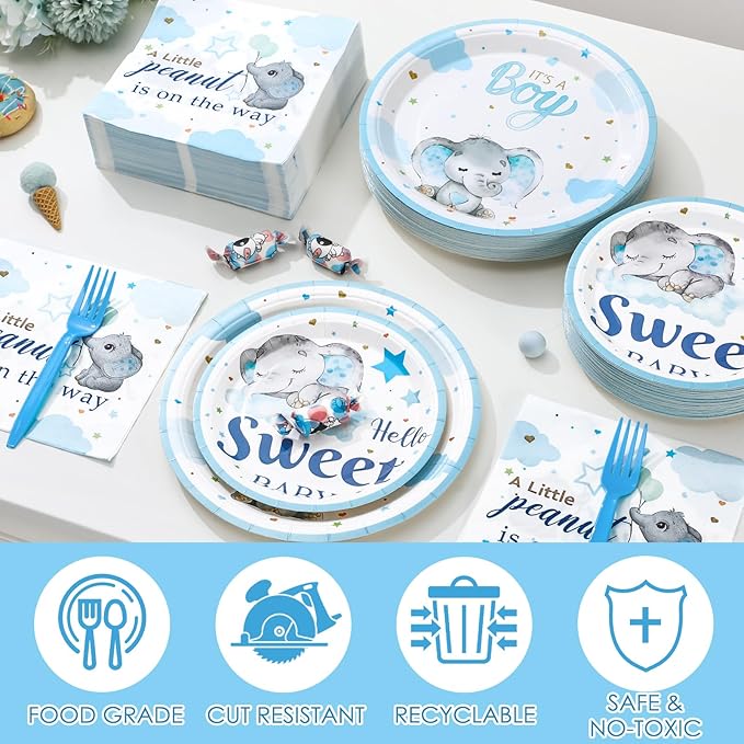 Havawish 250 Pcs Blue Elephant Baby Shower Plates and Napkins Decoration It's a Boy Wait Party Supplies Tableware Set Severs 50 Disposable Plates for Baby Boy Gender Reveal Party Supplies