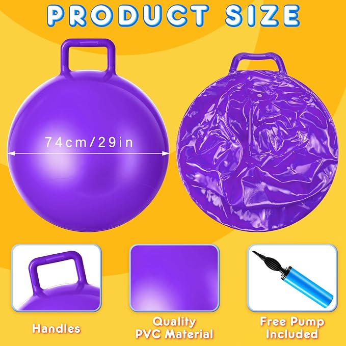 Lewtemi 3 Pcs 29 Inch Bouncing Ball with Handle, Outdoors Hopper Jumping Hopping Ball and Air Pump for Sports Exercise (Purple, Green, Orange)