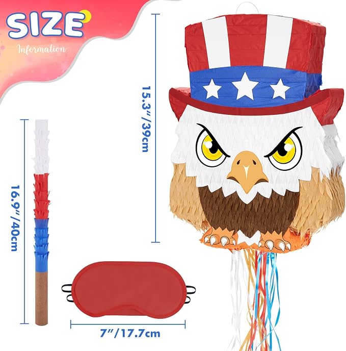 WERNNSAI 4th of July Piñata - Independence Day Piñata with Blindfold and Bat Fourth of July Theme Birthday Party Decorations American Flag Eagle for Kids Boys Bird Birthday Party Supplies