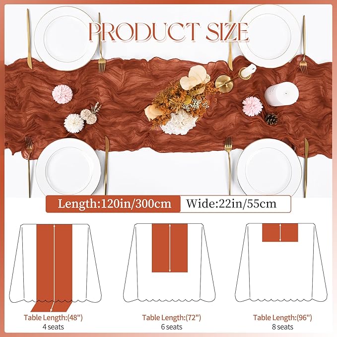 16 Pack Terracotta Cheesecloth Table Runner 120 Inch 10FT Spring Boho Rustic Sheer Gauze Cheese Cloth Table Runner for Wedding Baby Shower Birthday Party Table Decor