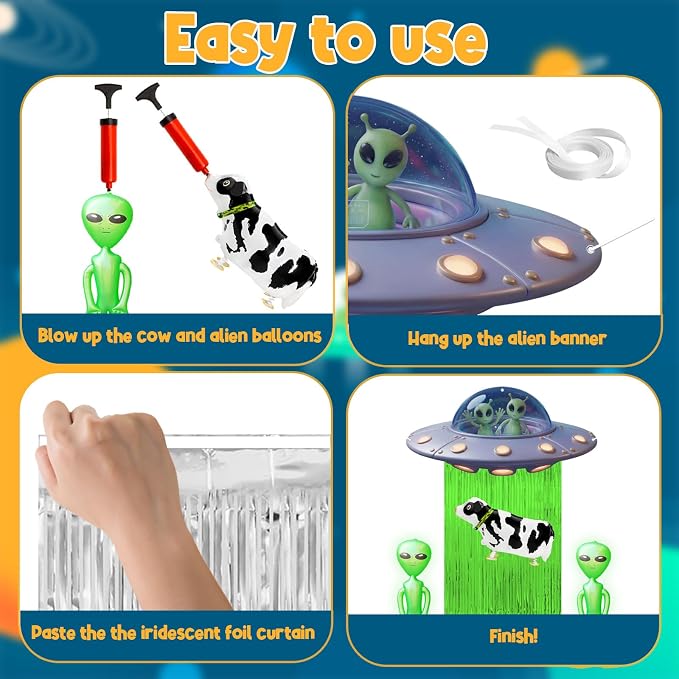 Alien Party Supplies Outer Space Theme Birthday Decor with Tinsel Foil Fringe Curtain Cow Balloon Spaceship Hanging Banner Backdrop for Birthday Baby Shower Wall Door Decor
