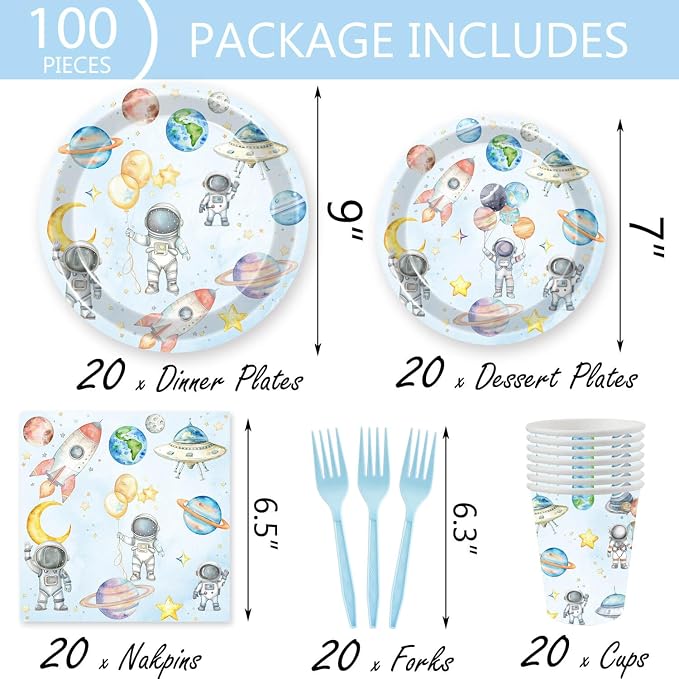 124pcs Outer Space Birthday Party Supplies Decorations - Space Astronaut Party Plates Napkins Cups Forks Table Cloths Banner Hanging Swirls for Boys 1st 2nd 3rd 4th 5th 6th Birthday Decorations
