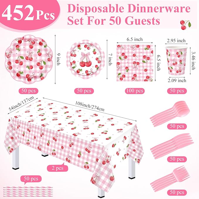 LemonRoad 452 Pcs Cherry Birthday Decorations for 50, Pink Bows Paper Plates Napkins Cups Tablecloth Cutlery Straws Bowknot Disposable Tableware for Fruit Cherry Birthday Baby Shower Party Supplies