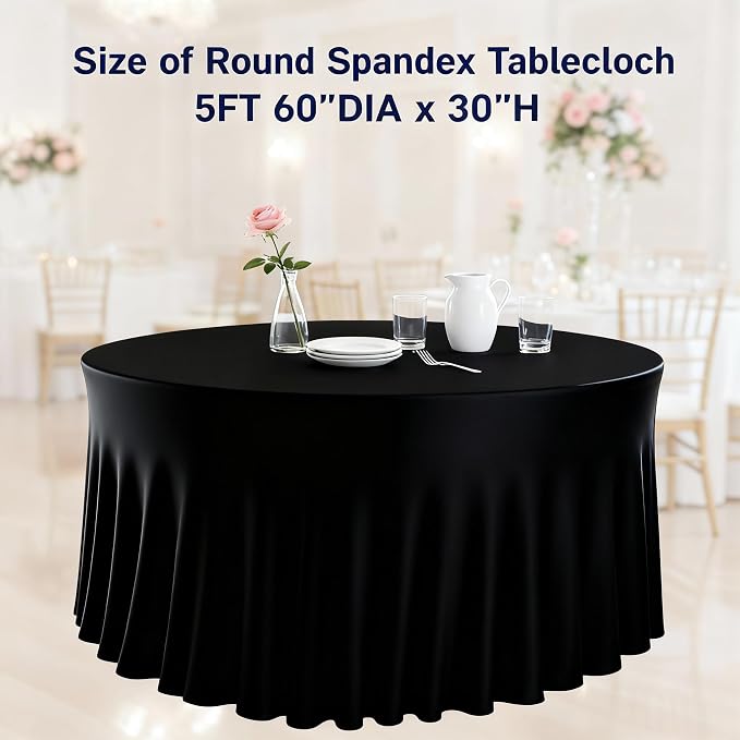 10 Pack Black Round Spandex Tablecloths for 60in Tables, 120 Inch Stretch Fitted Table Skirts, Wrinkle-Free Washable Polyester Covers for Wedding, Banquet & Party