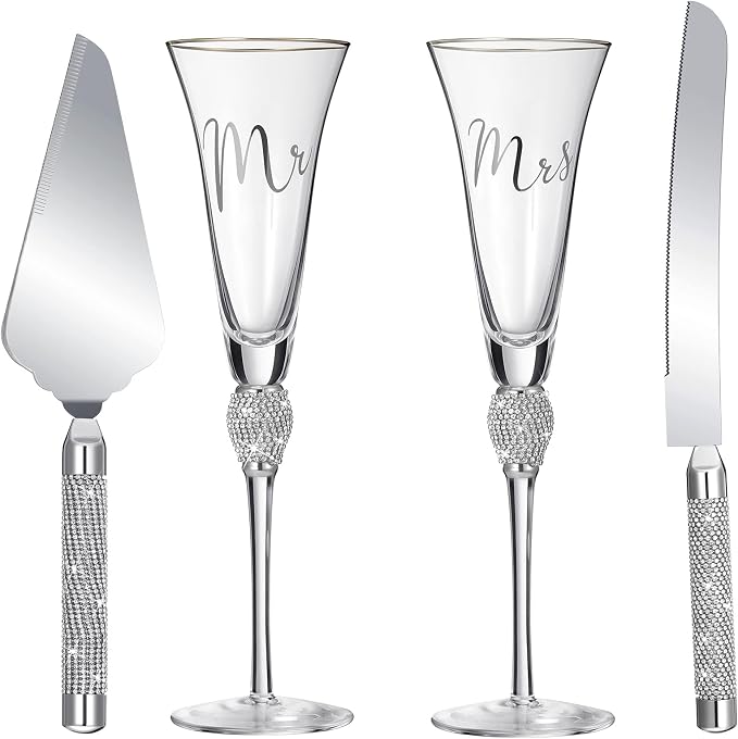 Boao 4 Piece Mr and Mrs Champagne Flutes and Cake Knife Server Set Crystal Wedding Toasting Flutes Rhinestone Cake Cutting Set for Bride and Groom Wedding Engagement Bridal Shower Gifts(Silver)
