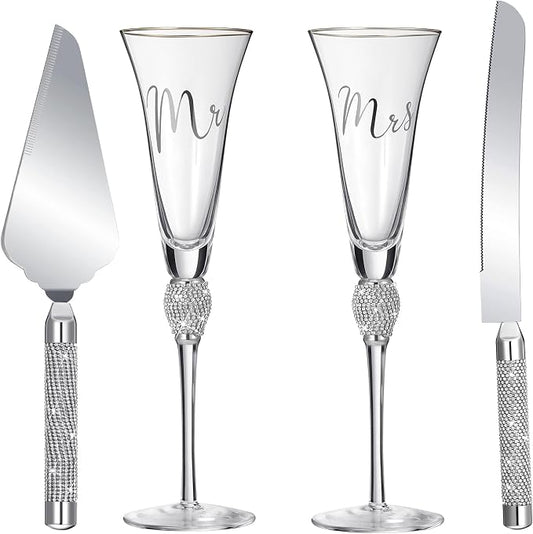 Boao 4 Piece Mr and Mrs Champagne Flutes and Cake Knife Server Set Crystal Wedding Toasting Flutes Rhinestone Cake Cutting Set for Bride and Groom Wedding Engagement Bridal Shower Gifts(Silver)