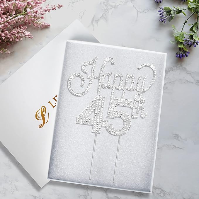 LINGTEER Happy 45th Birthday Silver Rhinestone Cake Topper - Cheers to 45th Birthday 45 Years Old Anniversary Party Cake Centerpieces Topper Decorations Gift Sign.