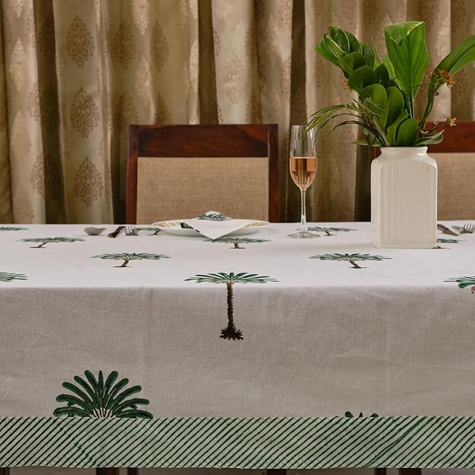 Ridhi Green Palm Hand Block Print Cotton Rectangle Tablecloth 120" x 80" inches Reusable Table Cover Decorative Everyday Use for Dining Room, Farmhouse, Home Gift for Spring, Mother's Day