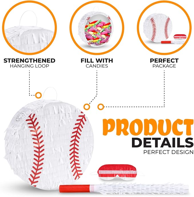Baseball Pinata Bundle with a Blindfold and Bat (13"x13"x4"), Baseball Pinata for Boys, Perfect for Birthday Party, Sport Theme Party, Decoration