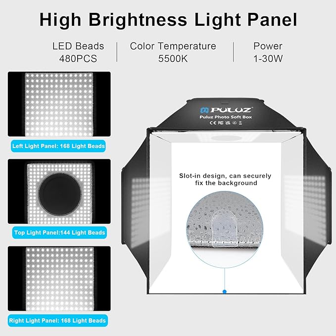 PULUZ 16x16 Inch Upgrade Photo Studio Light Box, Professional Dimmable Shooting Tent with 480 LED Lights & 4 PVC Backdrops, Portable Softbox for Jewelry, Small Product Photography