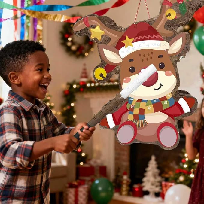 15.1'' Christmas Party Elk Piñata, 4 Pcs Xams Pinata Bundle, Winter Wonderland Party Decorations Elk Piñata Blindfold Stick etc