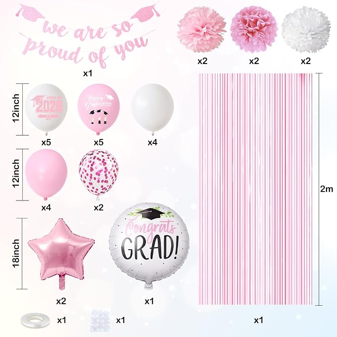 Graduation Party Decorations Pink, Congrats GRAD Banner Paper Pompoms Pink Fringe Curtain Backdrop Star Foil Balloons Pink White Latex Balloon for Graduation Class of 2026 Decorations