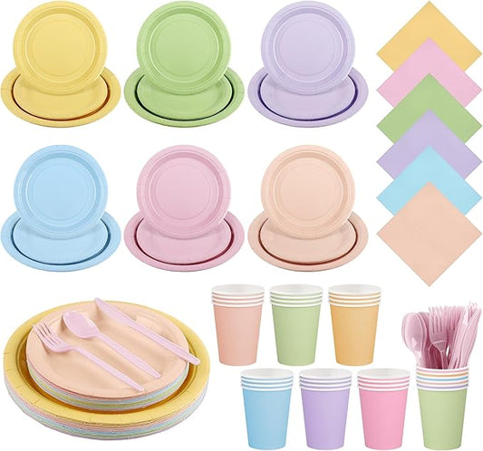 Kochorie 216 Pcs Pastel Rainbow Party Supplies Set, Disposable Macaron Paper Tableware Set 7 Inch & 9 Inch Plates Cups Napkins Cutlery for Birthday Baby Shower Pastel Party Decorations, Serve 24